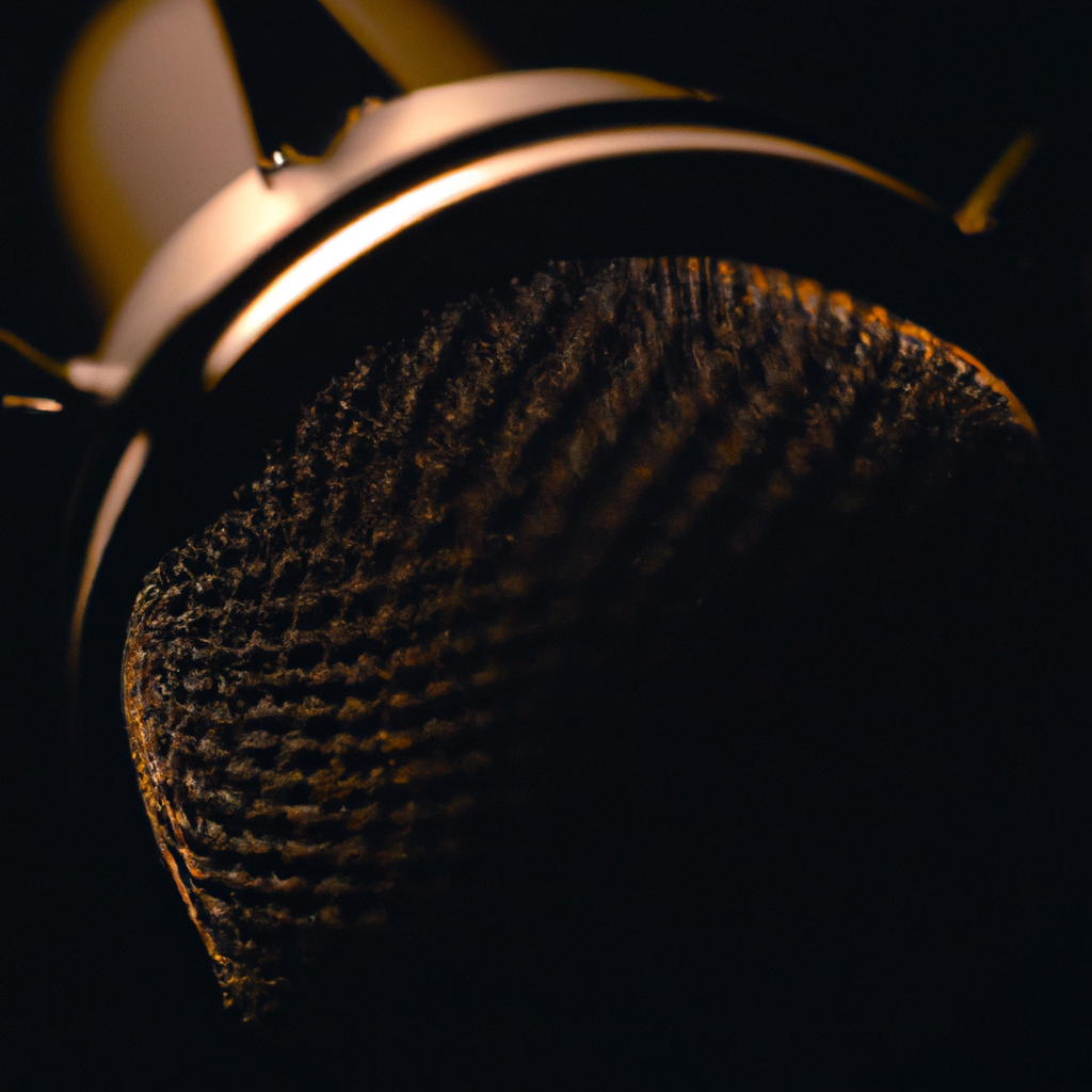Professional voice-over studio with a large-diaphragm microphone and pop filter, warm ambient lights, high-detail background